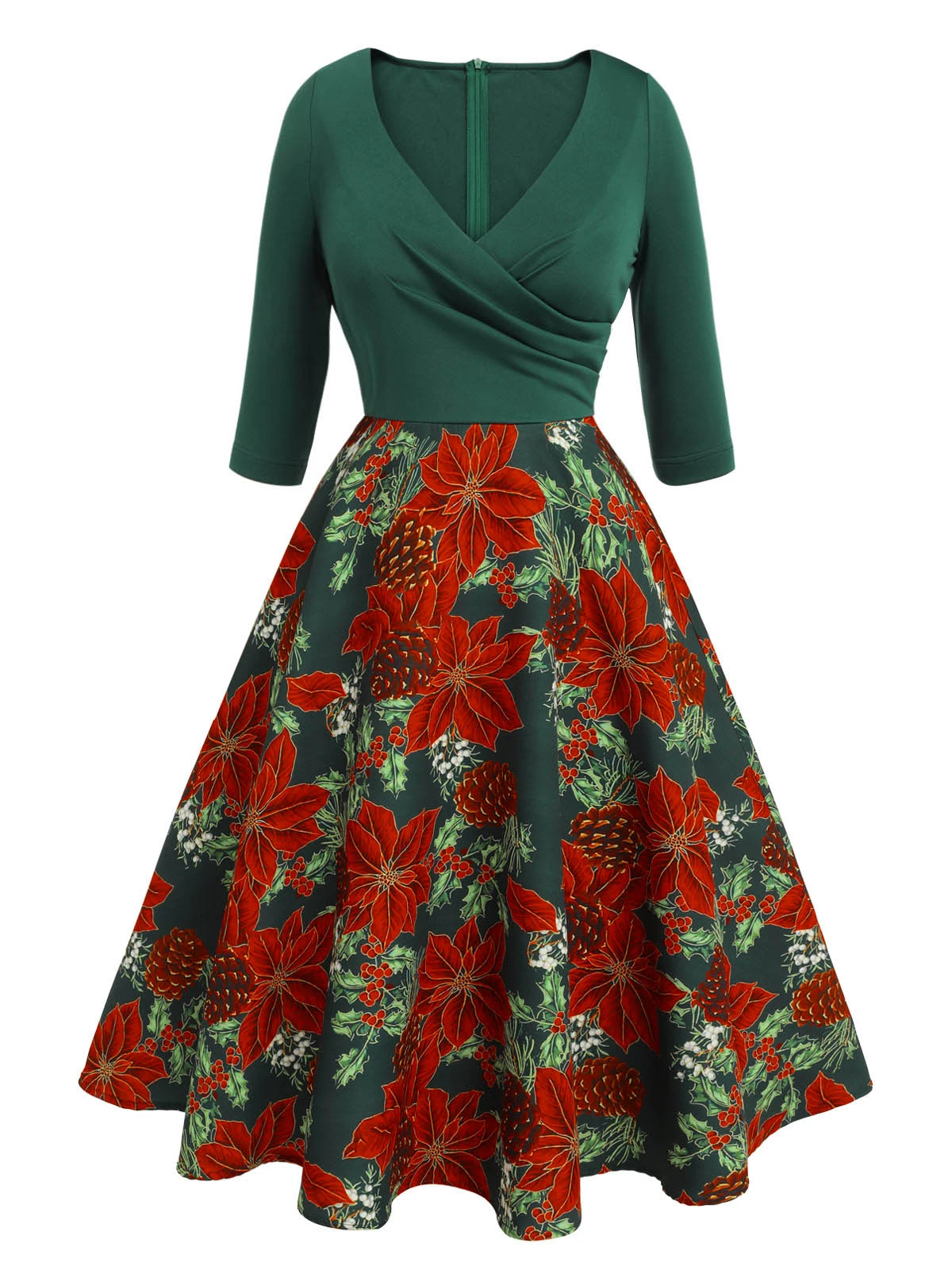 Green 1950s V-Neck Floral Patchwork Dress 2 Green 1950s V-Neck Floral Patchwork Dress - Image 2