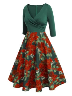 Green 1950s V-Neck Floral Patchwork Dress 9 Green 1950s V-Neck Floral Patchwork Dress -Candi Clothing Shop SCHL002759 2