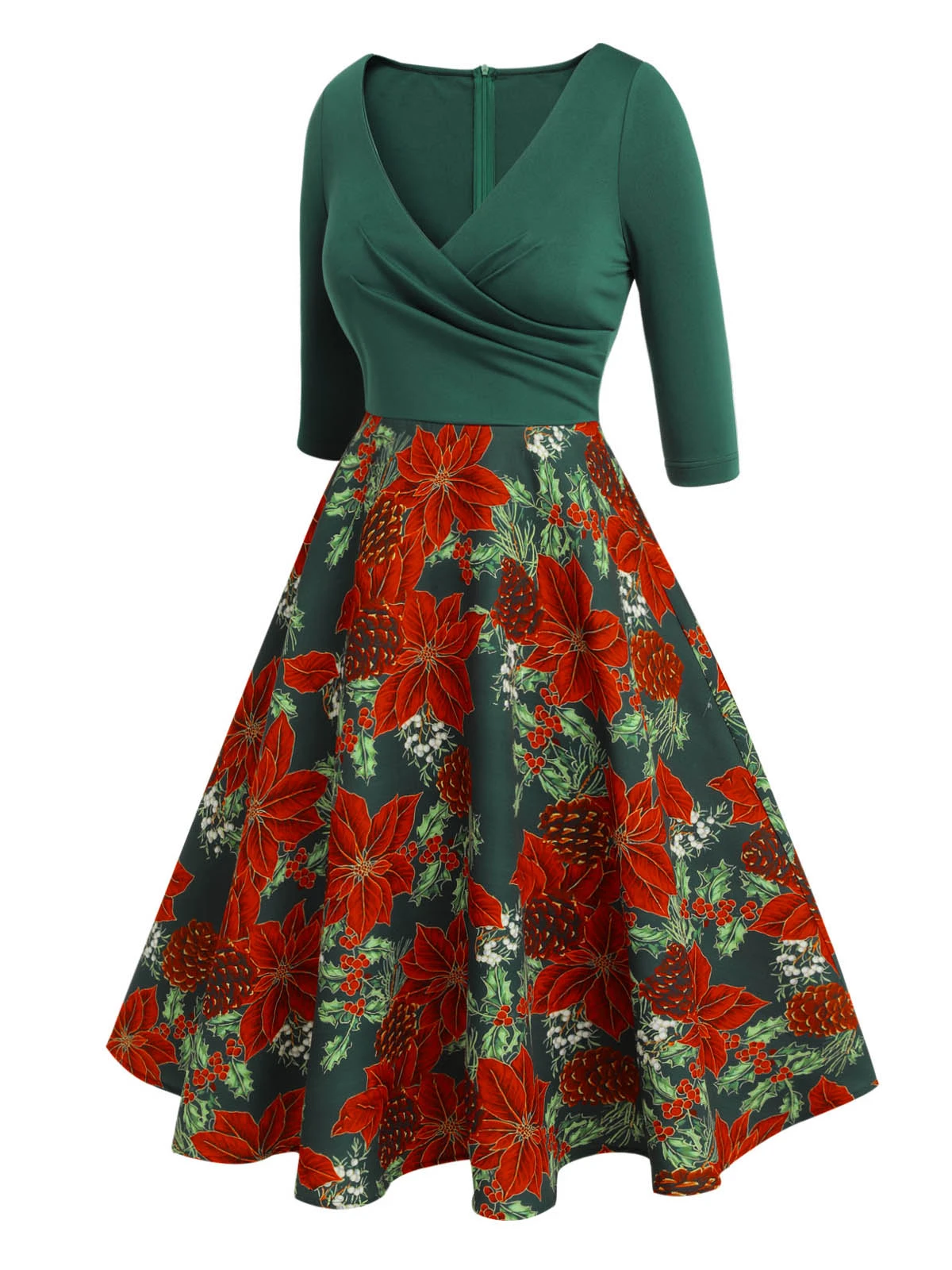 Green 1950s V-Neck Floral Patchwork Dress 3 Green 1950s V-Neck Floral Patchwork Dress - Image 3