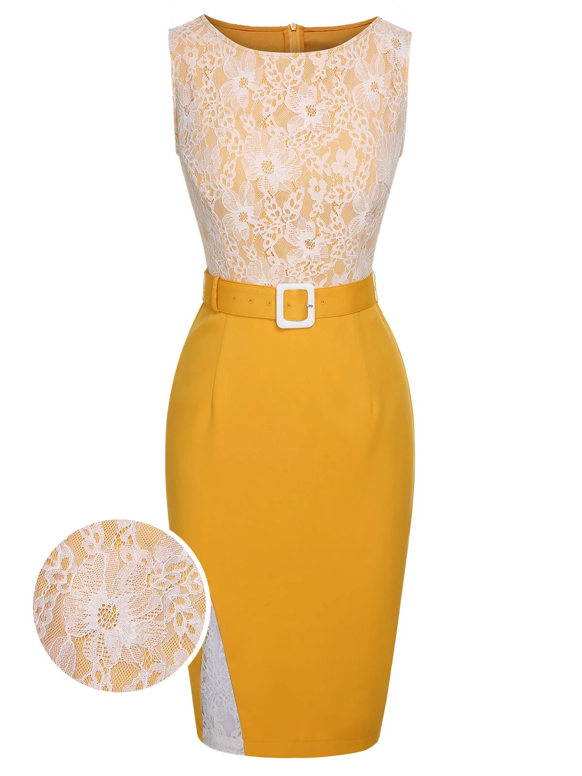 Yellow 1960s Solid Lace Patchwork Belt Dress 2 Yellow 1960s Solid Lace Patchwork Belt Dress - Image 2