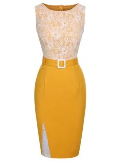 Yellow 1960s Solid Lace Patchwork Belt Dress 10 Yellow 1960s Solid Lace Patchwork Belt Dress -Candi Clothing Shop SCHL002764 1