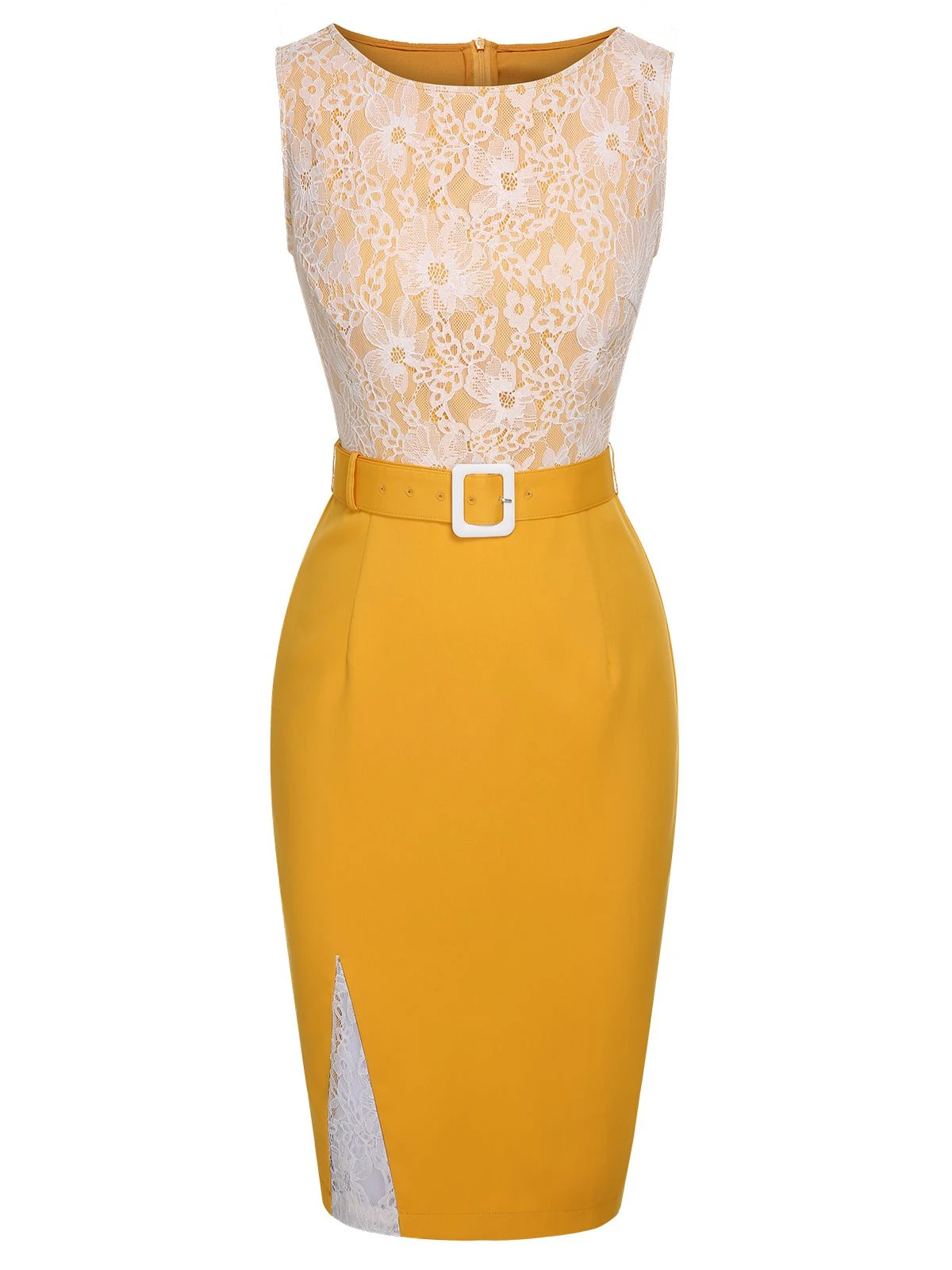 Yellow 1960s Solid Lace Patchwork Belt Dress 3 Yellow 1960s Solid Lace Patchwork Belt Dress - Image 3