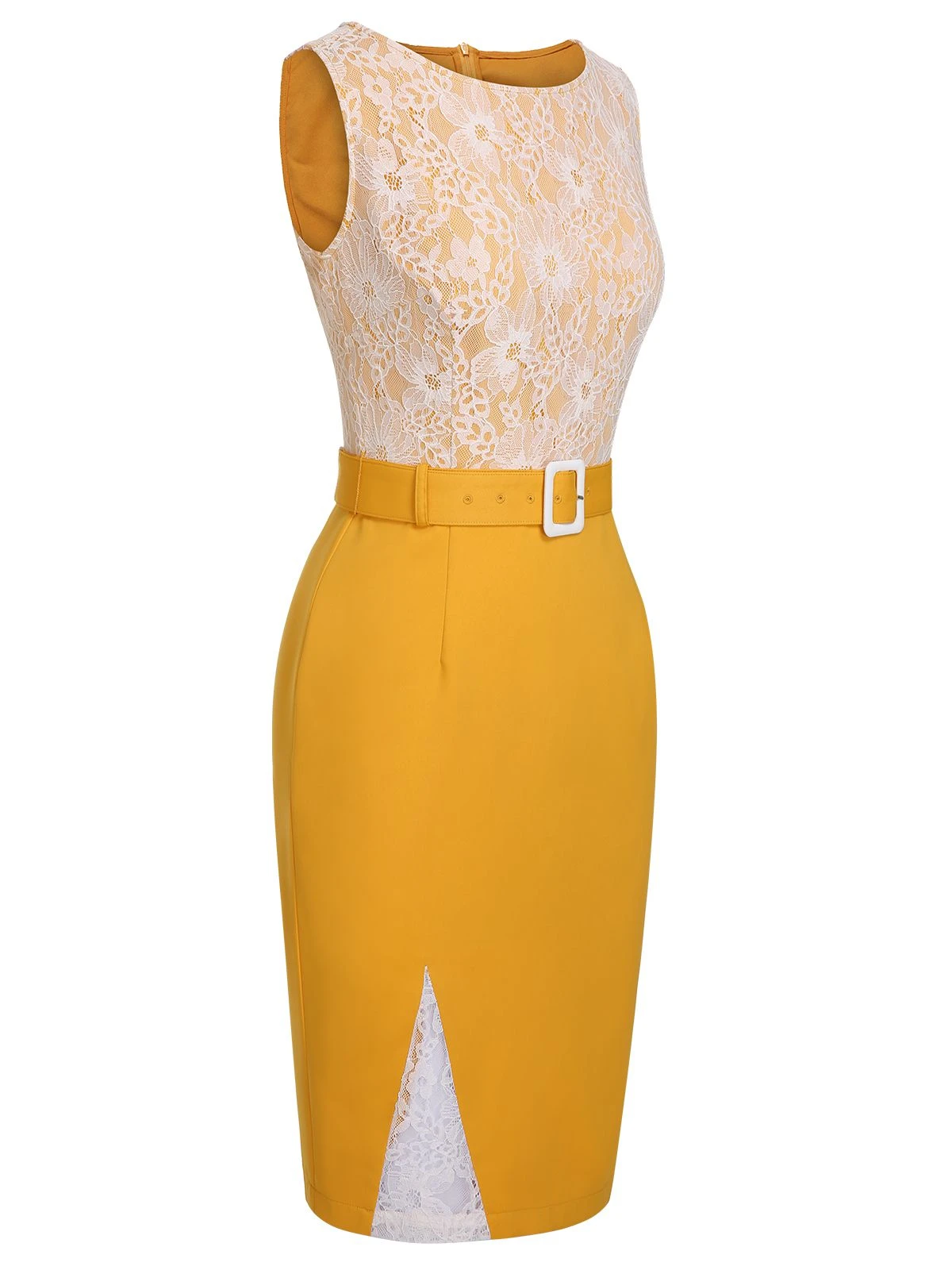 Yellow 1960s Solid Lace Patchwork Belt Dress 4 Yellow 1960s Solid Lace Patchwork Belt Dress - Image 4