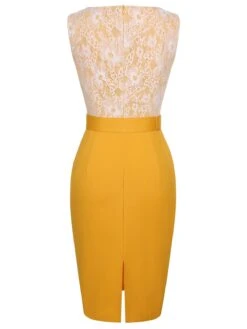 Yellow 1960s Solid Lace Patchwork Belt Dress 12 Yellow 1960s Solid Lace Patchwork Belt Dress -Candi Clothing Shop SCHL002764 3