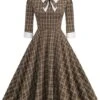Brown 1950s Lapel Bow Decor Plaids Dress