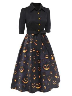 Black 1940s Halloween Lapel Pumpkin Belted Dress -Candi Clothing Shop SCHL002781 2 compressed