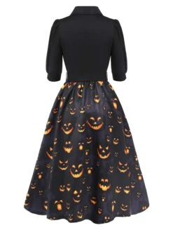 Black 1940s Halloween Lapel Pumpkin Belted Dress -Candi Clothing Shop SCHL002781 3 compressed