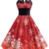 Red 1950s Christmas Snowflake Halter Dress