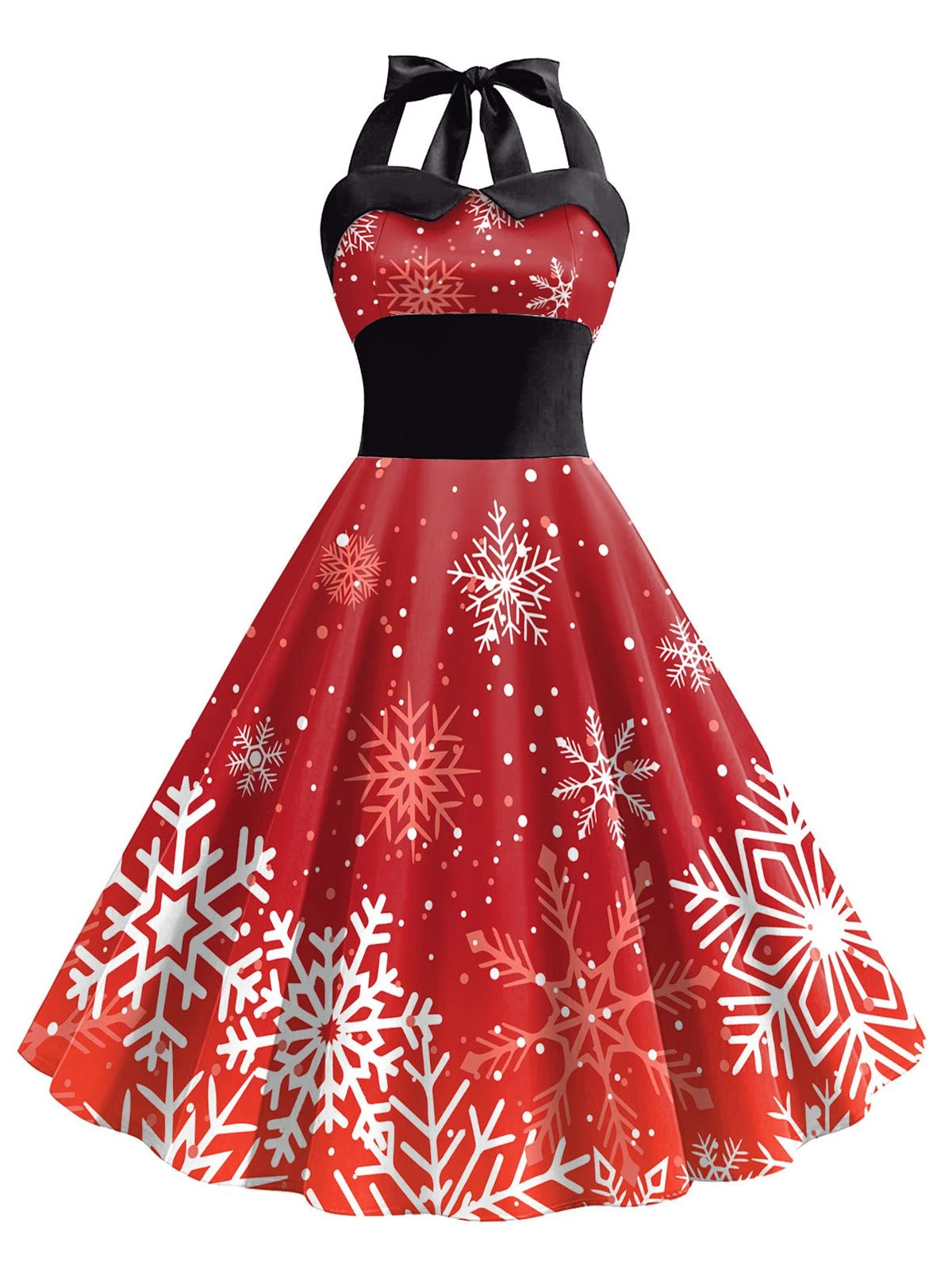 Red 1950s Christmas Snowflake Halter Dress 1 Red 1950s Christmas Snowflake Halter Dress