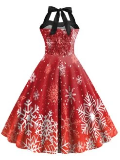Red 1950s Christmas Snowflake Halter Dress 5 Red 1950s Christmas Snowflake Halter Dress -Candi Clothing Shop SCHL002793 3 compressed
