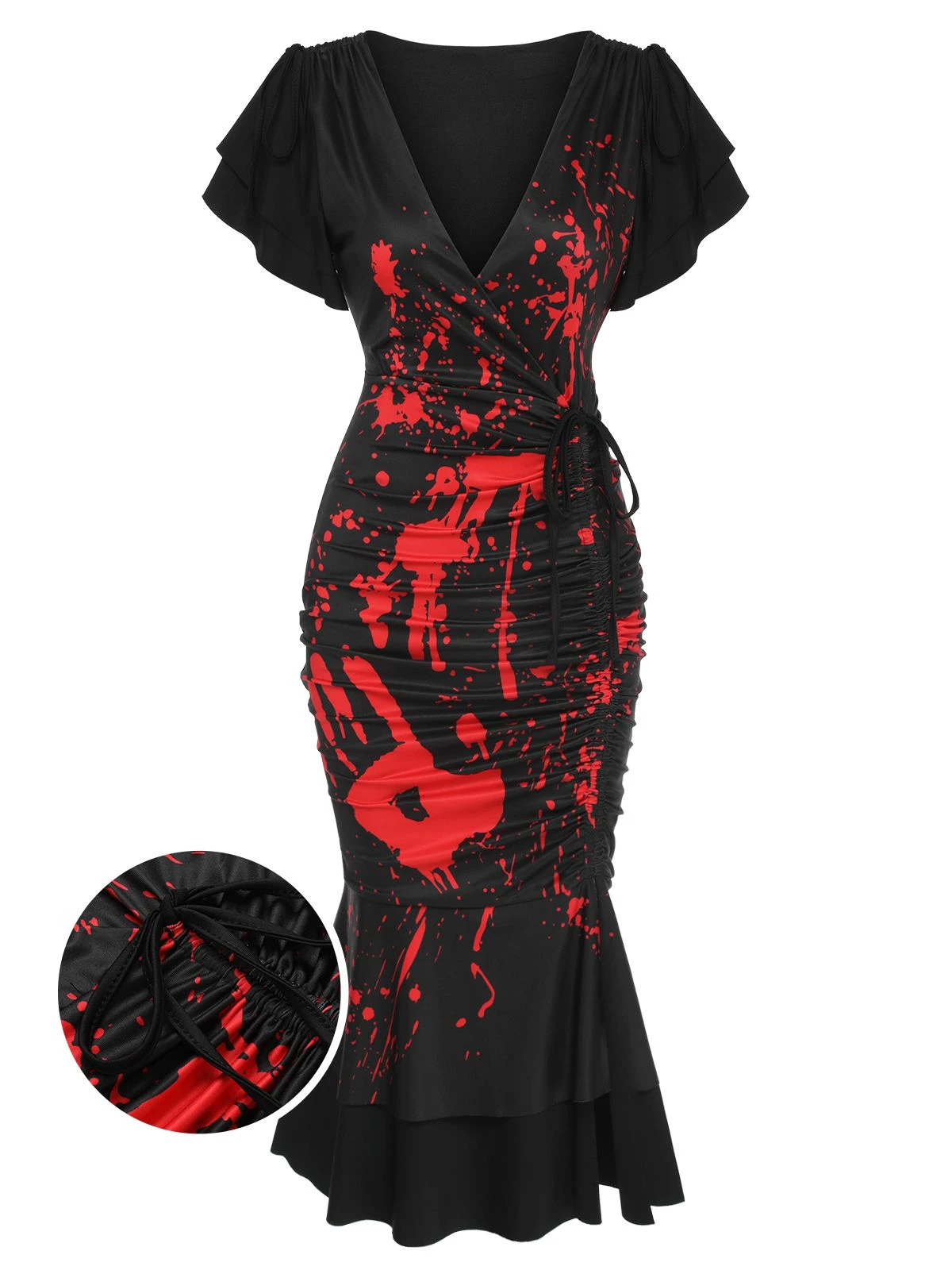 Black 1930s V-Neck Blood Handprint Fishtail Dress 1 Black 1930s V-Neck Blood Handprint Fishtail Dress