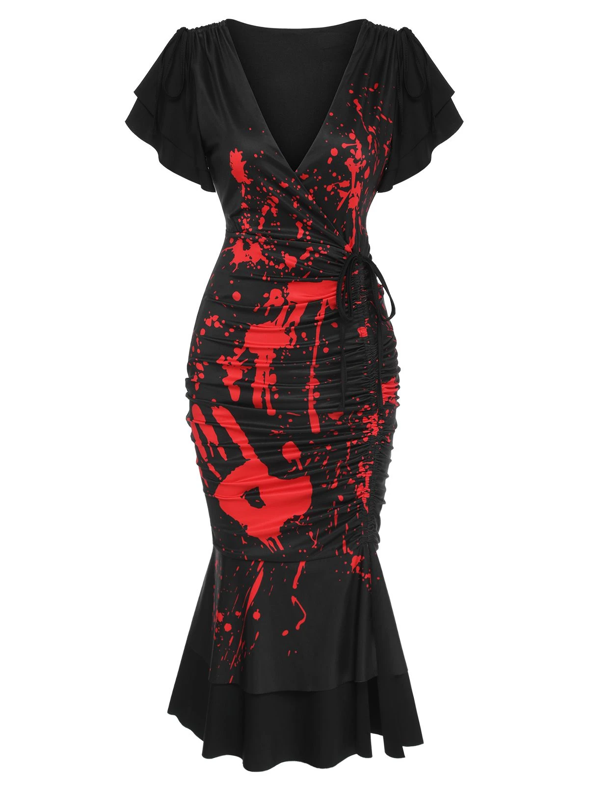 Black 1930s V-Neck Blood Handprint Fishtail Dress 2 Black 1930s V-Neck Blood Handprint Fishtail Dress - Image 2
