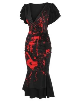 Black 1930s V-Neck Blood Handprint Fishtail Dress 9 Black 1930s V-Neck Blood Handprint Fishtail Dress -Candi Clothing Shop SCHL002794 2