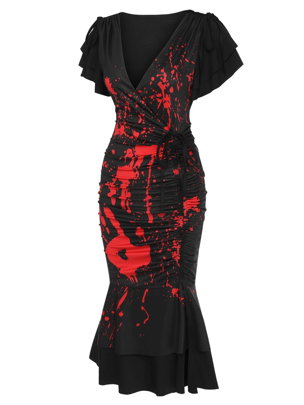 Black 1930s V-Neck Blood Handprint Fishtail Dress 3 Black 1930s V-Neck Blood Handprint Fishtail Dress - Image 3