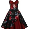 Deep Red 1950s Rose Strap Patchwork Dress