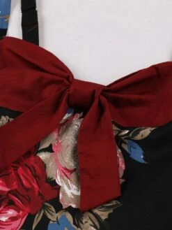 Deep Red 1950s Rose Strap Patchwork Dress -Candi Clothing Shop SCHL002830 DER 3