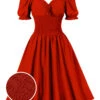 1950s Solid Smocked Waist Off-Shoulder Dress