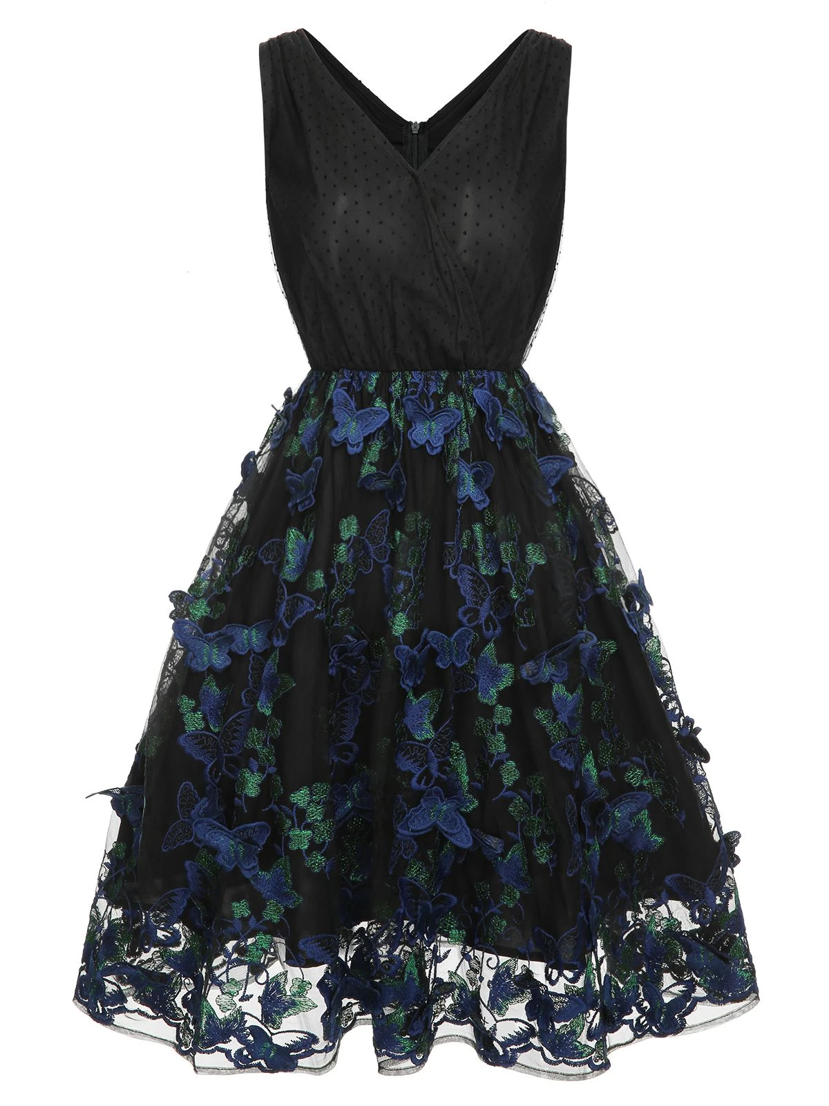 Black 1950s V-Neck 3D Butterfly Mesh Dress 2 Black 1950s V-Neck 3D Butterfly Mesh Dress - Image 2