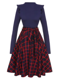 Blue 1950s Long Sleeve Plaid Dress