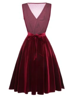 Red 1950s Velvet Polka Dot Lined Bow Dress 10 Red 1950s Velvet Polka Dot Lined Bow Dress -Candi Clothing Shop SCHL002966 3