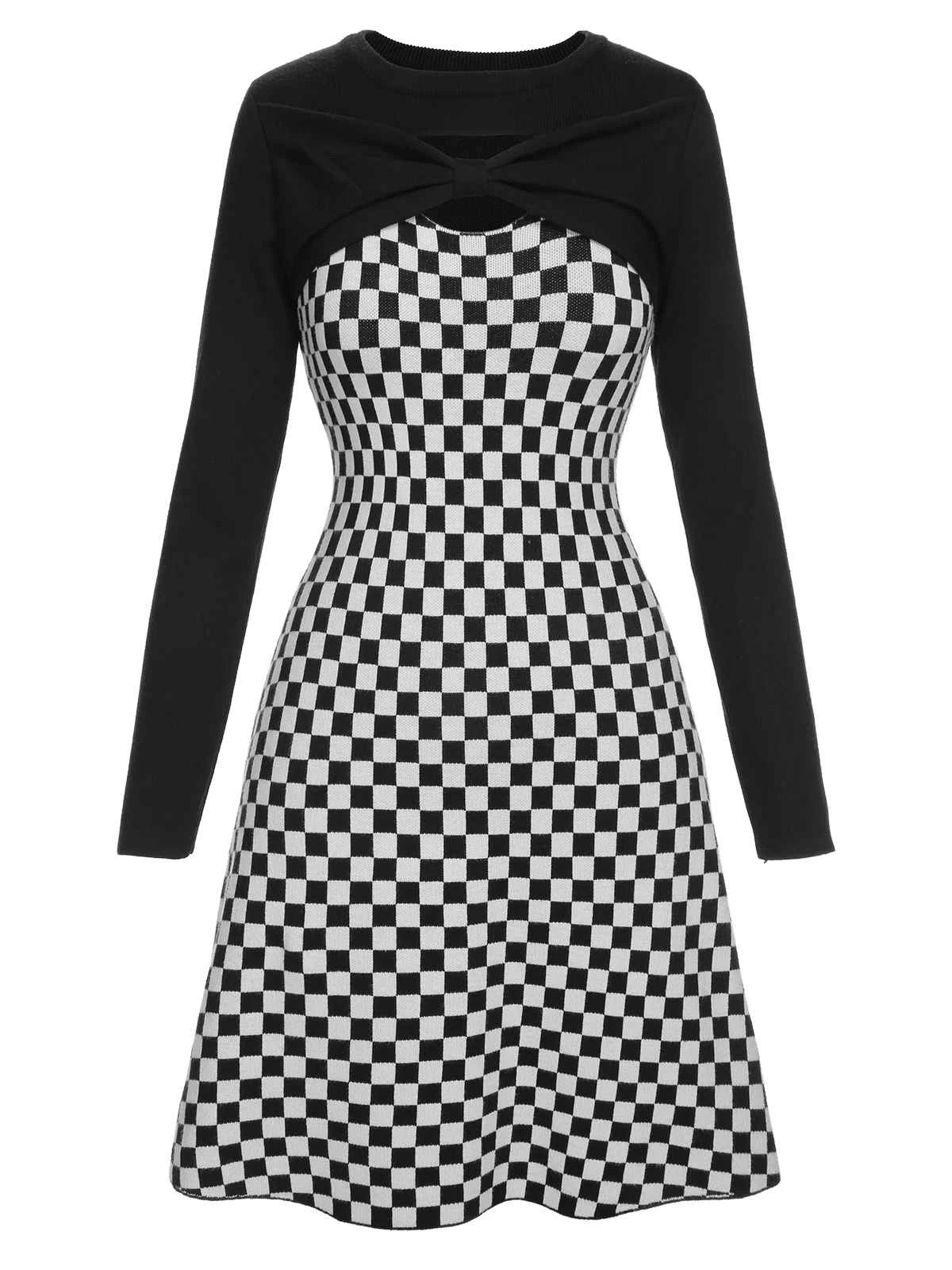 Black 1940s Contrast Plaid Patchwork Dress 1 Black 1940s Contrast Plaid Patchwork Dress