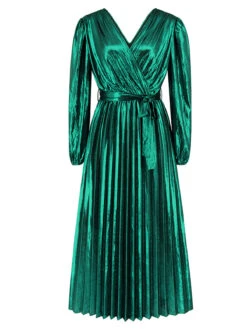 1940s Solid Glossy V-Neck Shift Dress -Candi Clothing Shop SCHL003026 G 1