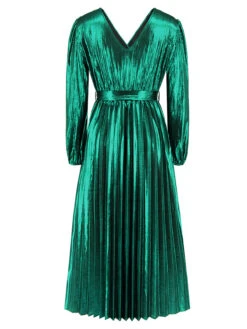 1940s Solid Glossy V-Neck Shift Dress -Candi Clothing Shop SCHL003026 G 3