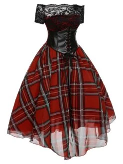 Red 1950s Christmas Plaid Girdle Dress 9 Red 1950s Christmas Plaid Girdle Dress -Candi Clothing Shop SCHL003037 2 compressed