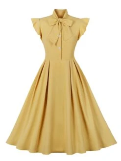 1950s Solid Ruffle Sleeve Bow Neck Dress 13 1950s Solid Ruffle Sleeve Bow Neck Dress -Candi Clothing Shop SCHL003045 MDY 1