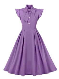 1950s Solid Ruffle Sleeve Bow Neck Dress 15 1950s Solid Ruffle Sleeve Bow Neck Dress -Candi Clothing Shop SCHL003045 PU 1