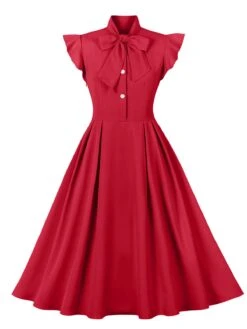 1950s Solid Ruffle Sleeve Bow Neck Dress 17 1950s Solid Ruffle Sleeve Bow Neck Dress -Candi Clothing Shop SCHL003045 R 1