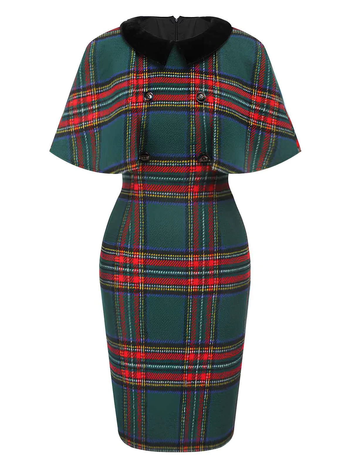 1960s Plaid Cloak Sleeve Velvet Collar Dress 2 1960s Plaid Cloak Sleeve Velvet Collar Dress - Image 2