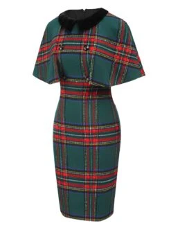 1960s Plaid Cloak Sleeve Velvet Collar Dress 11 1960s Plaid Cloak Sleeve Velvet Collar Dress -Candi Clothing Shop SCHL003078 2 compressed