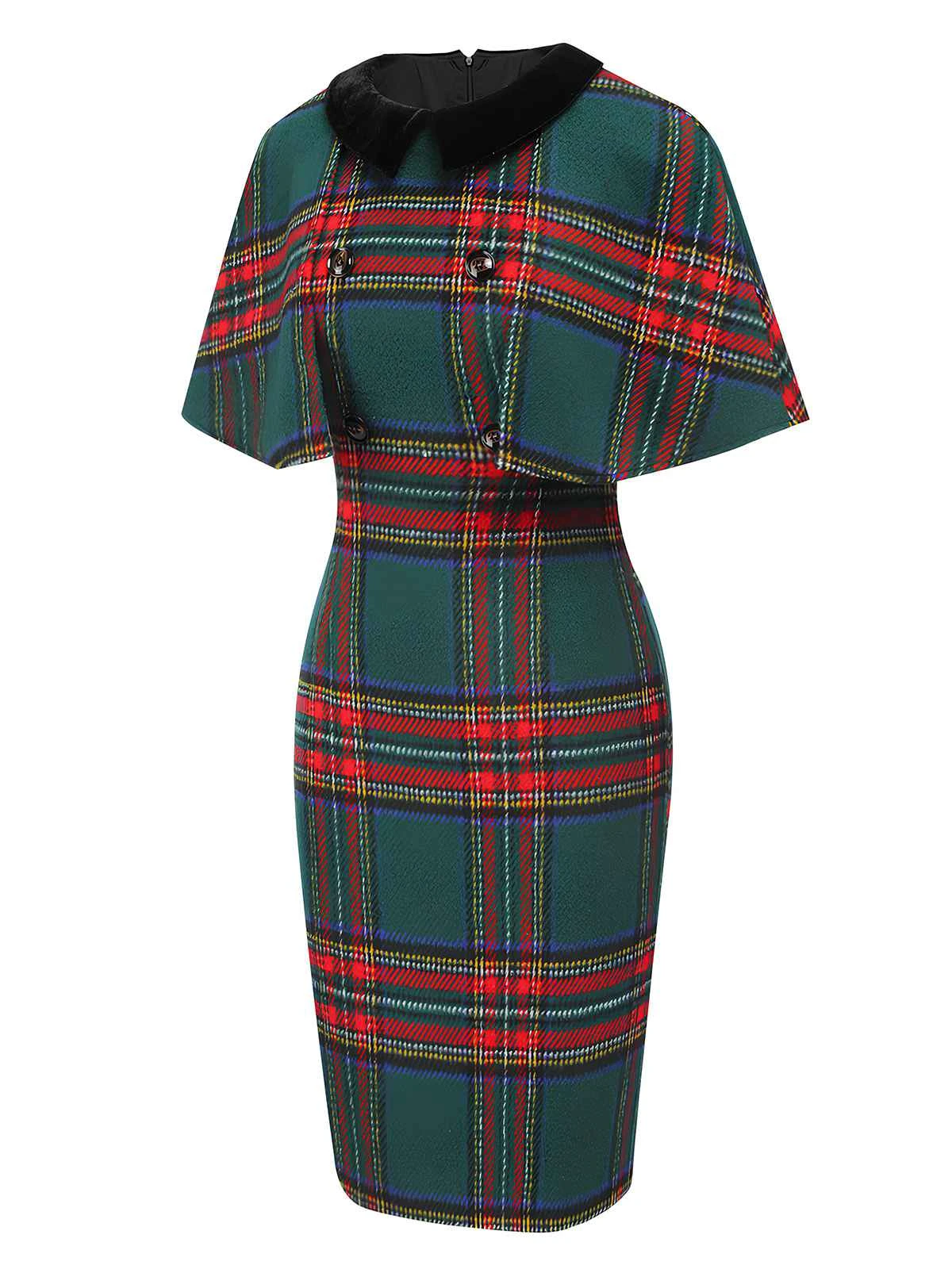1960s Plaid Cloak Sleeve Velvet Collar Dress 3 1960s Plaid Cloak Sleeve Velvet Collar Dress - Image 3