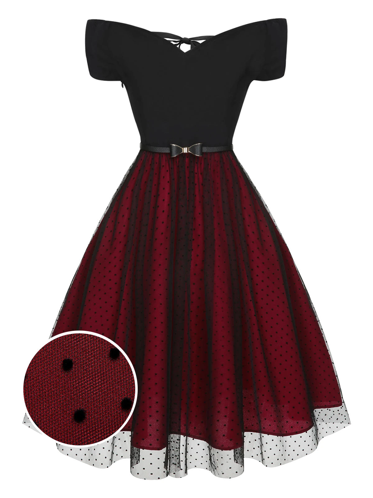 Wine Red 1950s Polka Dots Drop Shoulder Belt Dress 1 Wine Red 1950s Polka Dots Drop Shoulder Belt Dress