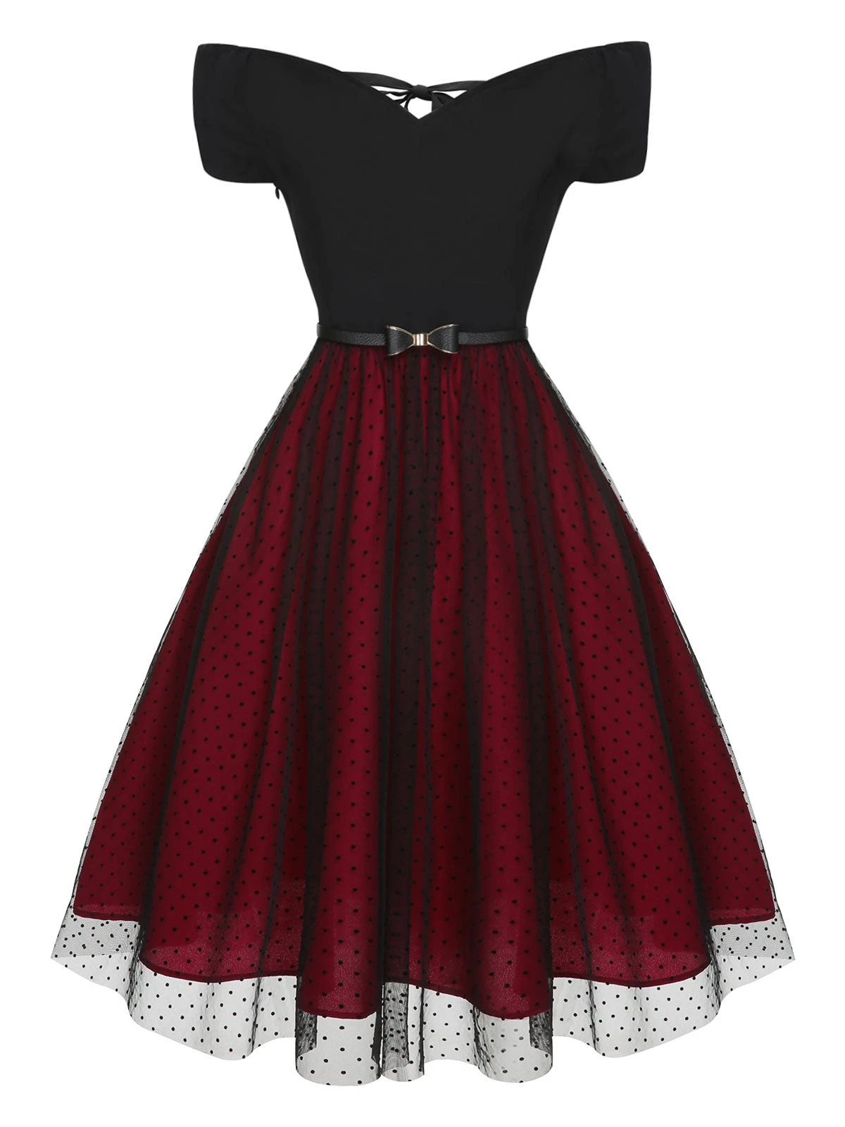 Wine Red 1950s Polka Dots Drop Shoulder Belt Dress 2 Wine Red 1950s Polka Dots Drop Shoulder Belt Dress - Image 2