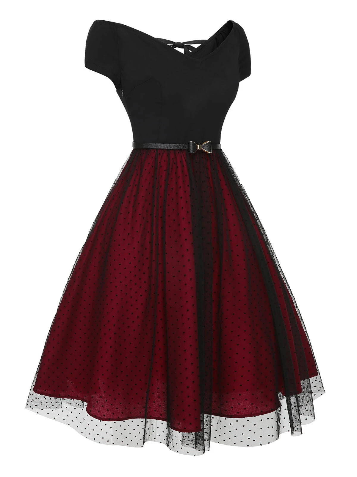 Wine Red 1950s Polka Dots Drop Shoulder Belt Dress 3 Wine Red 1950s Polka Dots Drop Shoulder Belt Dress - Image 3