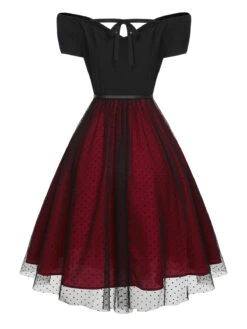 Wine Red 1950s Polka Dots Drop Shoulder Belt Dress 10 Wine Red 1950s Polka Dots Drop Shoulder Belt Dress -Candi Clothing Shop SCHL003085 3