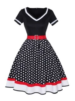 Multicolor 1950s Polka Dots Patchwork Belted Dress 14 Multicolor 1950s Polka Dots Patchwork Belted Dress -Candi Clothing Shop SCHL003093 B 2