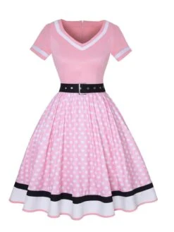 Multicolor 1950s Polka Dots Patchwork Belted Dress 10 Multicolor 1950s Polka Dots Patchwork Belted Dress -Candi Clothing Shop SCHL003093 P 1