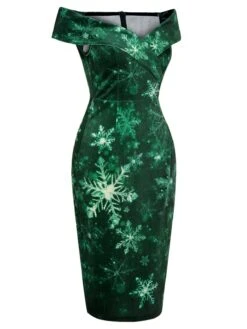 Green 1960s Christmas Snowflake Off-Shoulder Dress -Candi Clothing Shop SCHL003104 2 compressed