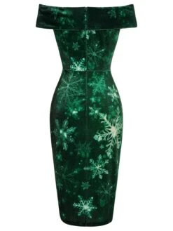 Green 1960s Christmas Snowflake Off-Shoulder Dress -Candi Clothing Shop SCHL003104 3 compressed