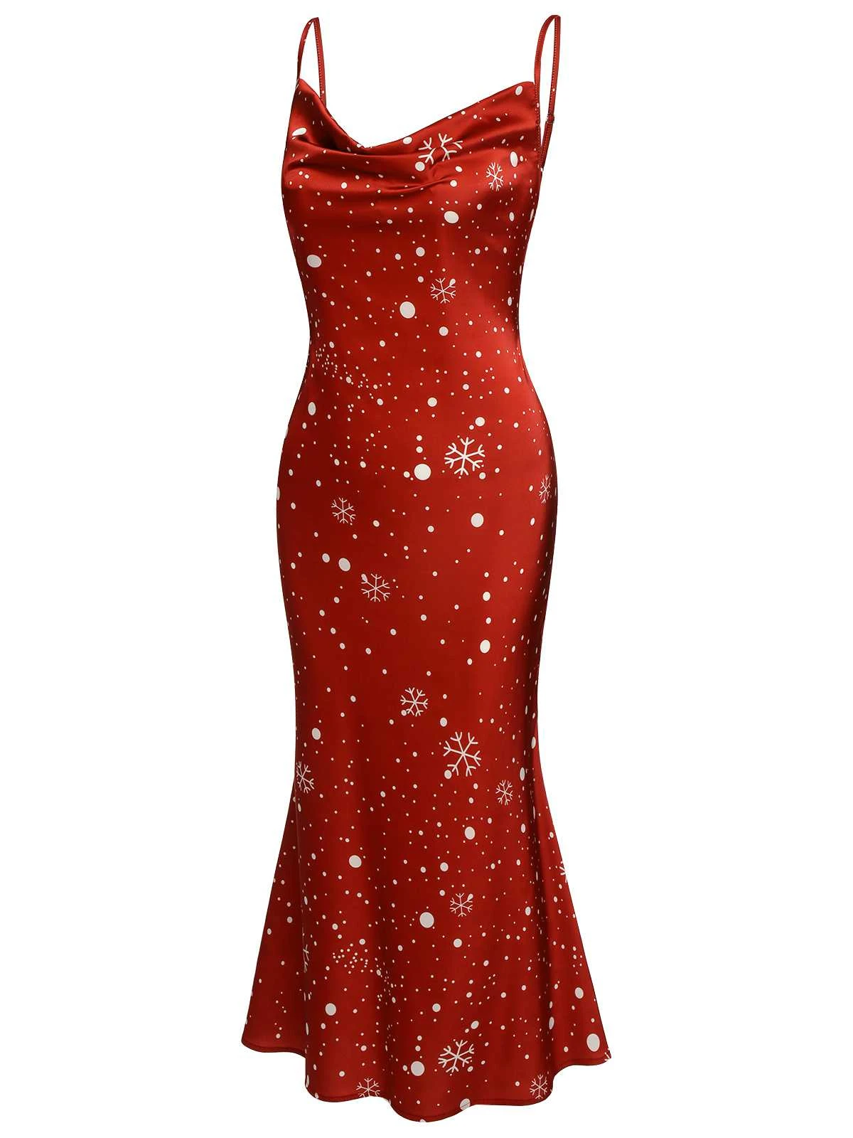 Red 1930s Christmas Strap Snowflake Mermaid Dress 3 Red 1930s Christmas Strap Snowflake Mermaid Dress - Image 3
