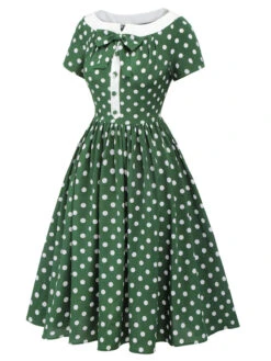 Green 1940s Polka Dot Bowknot Patchwork Dress -Candi Clothing Shop SCHL003135 2