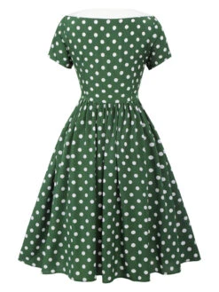 Green 1940s Polka Dot Bowknot Patchwork Dress -Candi Clothing Shop SCHL003135 3