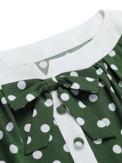 Green 1940s Polka Dot Bowknot Patchwork Dress -Candi Clothing Shop SCHL003135 4