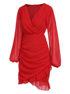 Red 1960s Solid Chiffon Surplice V-Neck Dress -Candi Clothing Shop SCHL003137 2