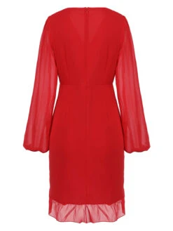 Red 1960s Solid Chiffon Surplice V-Neck Dress -Candi Clothing Shop SCHL003137 3