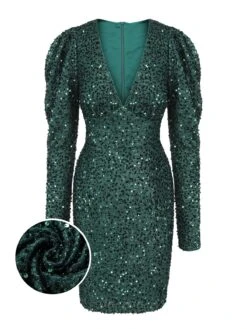 Green 1960s Christmas Sequin V-Neck Pencil Dress