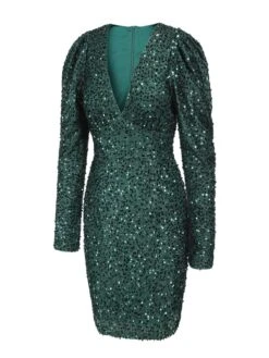 Green 1960s Christmas Sequin V-Neck Pencil Dress 9 Green 1960s Christmas Sequin V-Neck Pencil Dress -Candi Clothing Shop SCHL003142 2